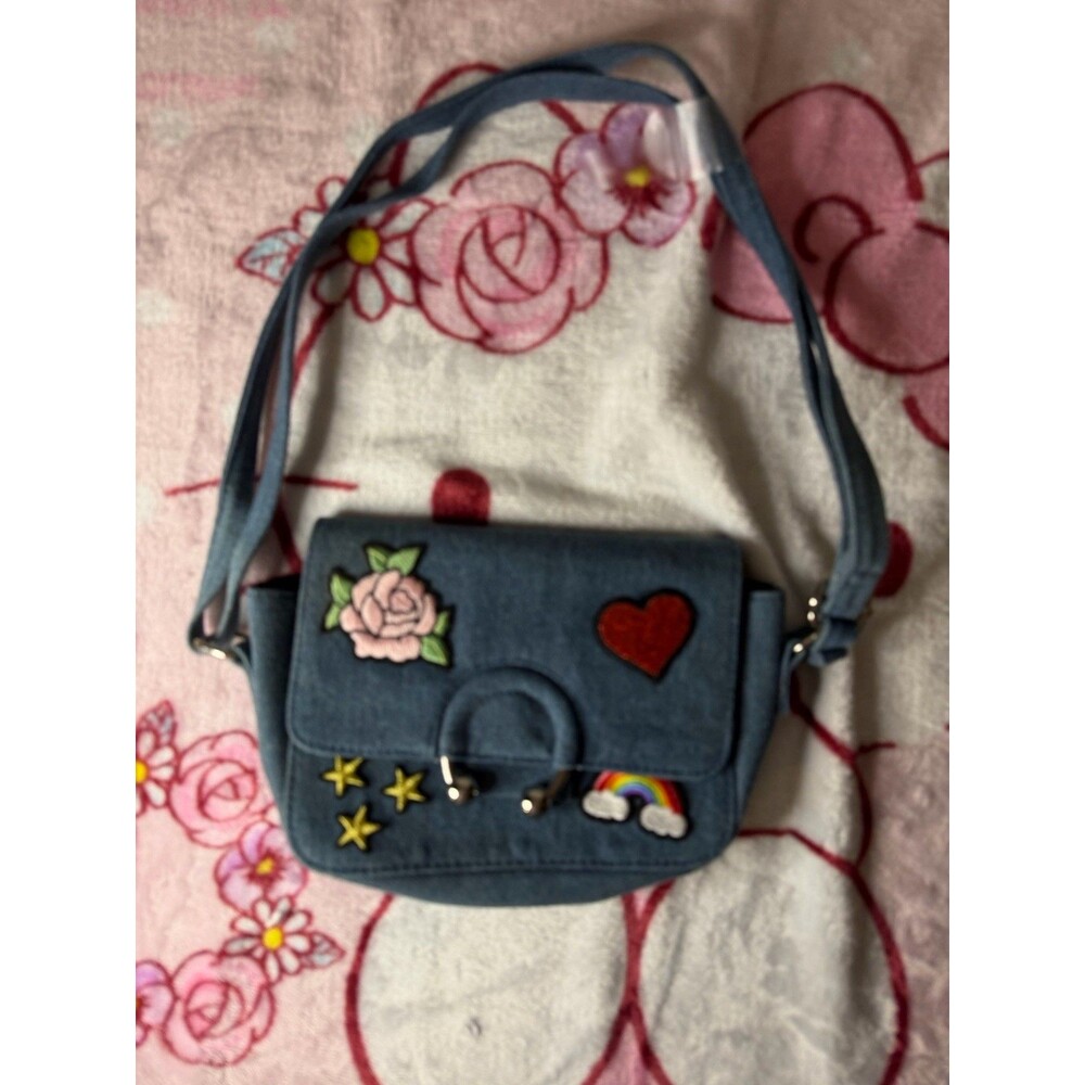 Vintage 90s Y2K Denim Crossbody Purse w Appliqué Patches Rose Rainbow Heart S